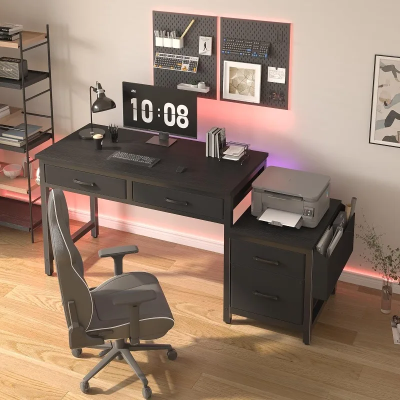 Home Office Desk com gavetas de arquivos, 57 Polegada Mesas de computador, Armário de tecido, Impressora Stand para pequeno espaço