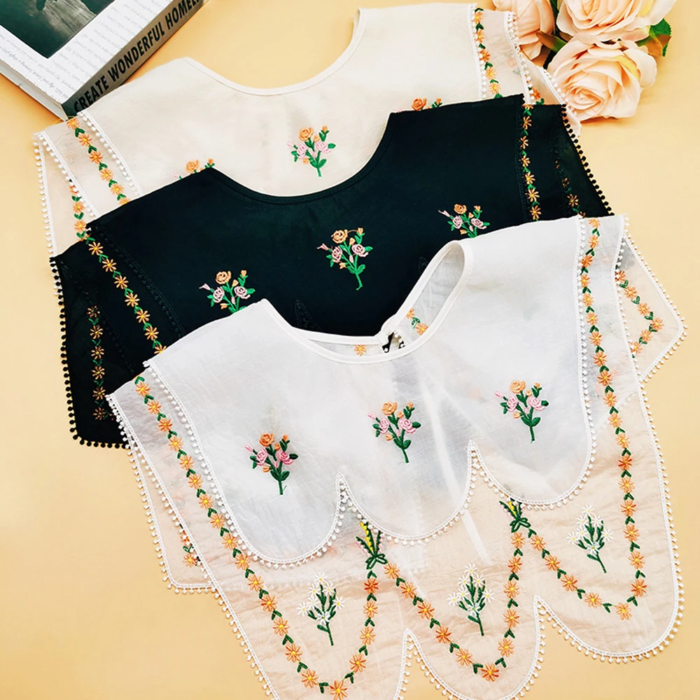 Vintage Women\'s Embroidery Flower Fake Collar Detachable Collars Doll Collar Ladies Shirt Collar Double Sided Use Women Shawl