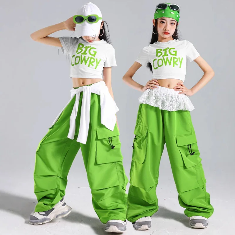 Tops cortos K-pop para niñas, pantalones para correr verdes, trajes de baile callejero de Hip Hop para niños, ropa de calle para niños, conjuntos de ropa de Jazz para grupo de niñas