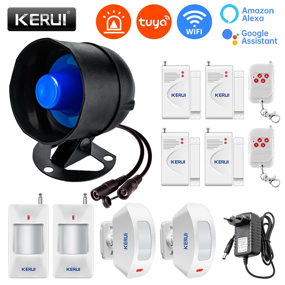 KERUI Upgraded WiFi Security Alarm System Kit – 120dB Siren, Motion Sensors, Remote Control, Tuya App – 2.4GHz, Expandable (6-Piece Set A)