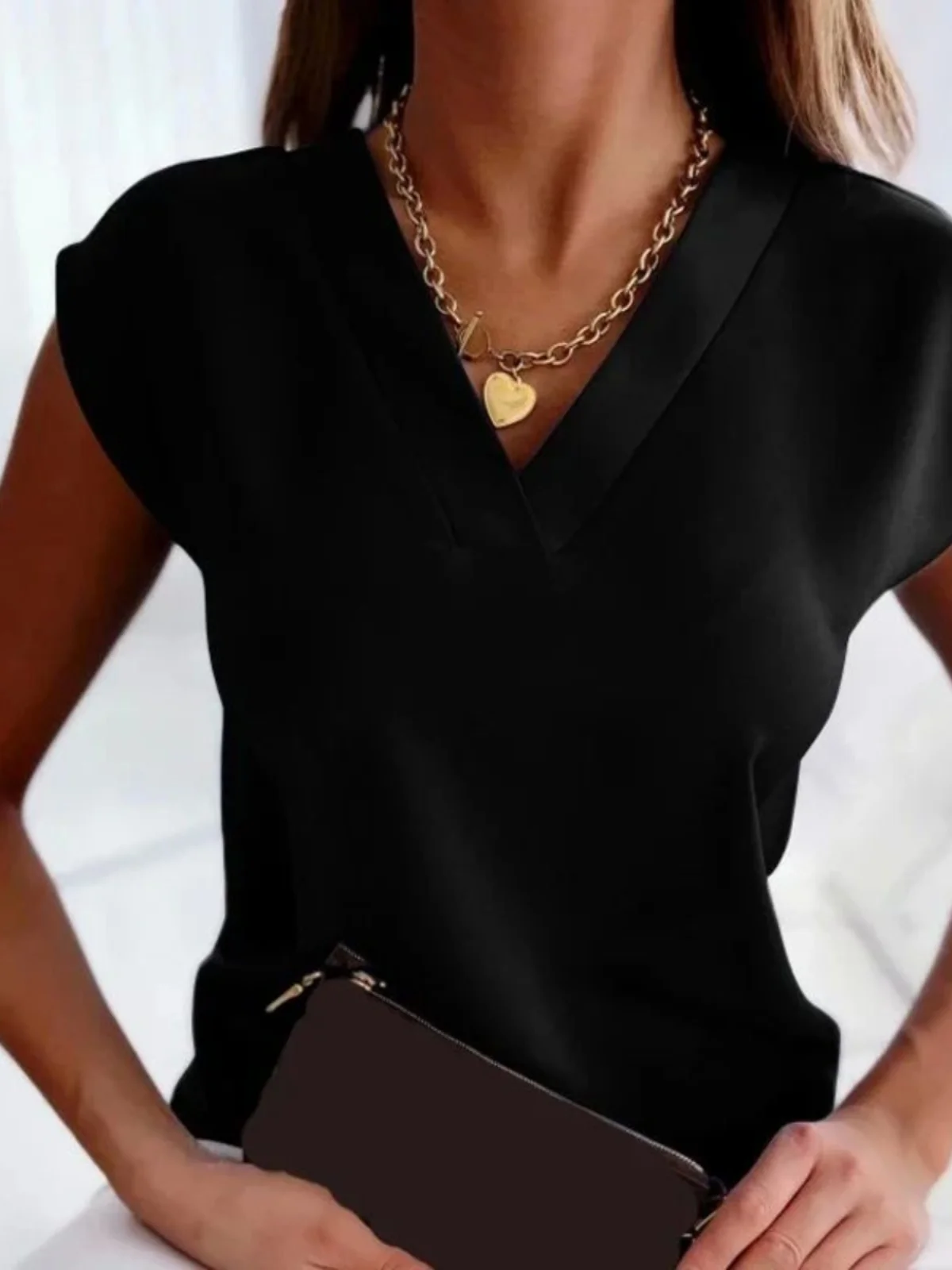 

Ladies Pure Color V-ne ort Sve irt Commute Sle Straight Cut Other Material 00% Summer Regular Length ort Sve