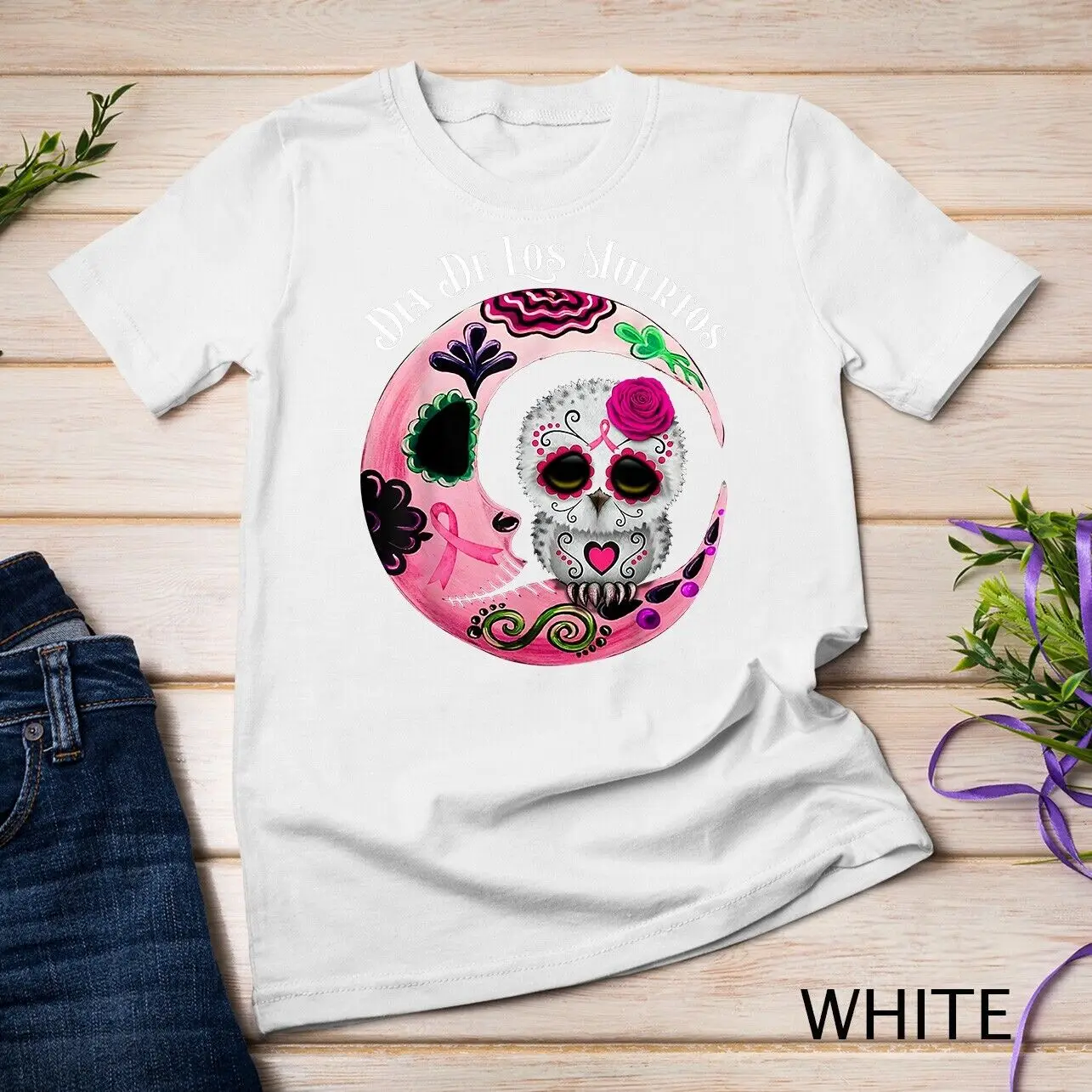 Owl & Moon Sugar Skull Mexico Breast Cancer Pink Ribbon Unisex T-shirt