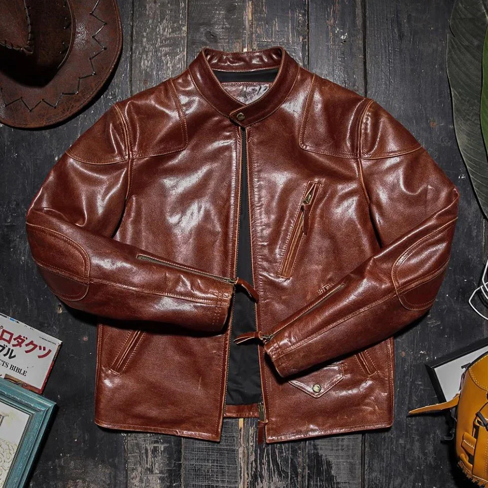 Red Brown Vintage Leather Jackets Mens Real Sheepskin Classic Motorcycle Jacket Venom Same Model Goatskin Leather Rider Coat 4XL