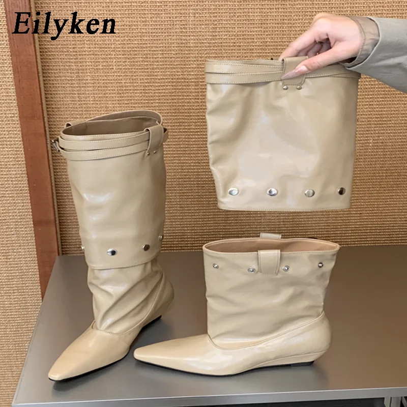 Eilyken New Fashion Pointed Toe Women Knee-High Boots Design Style Splicing Detach Buckle Strap Low Heels Shoes