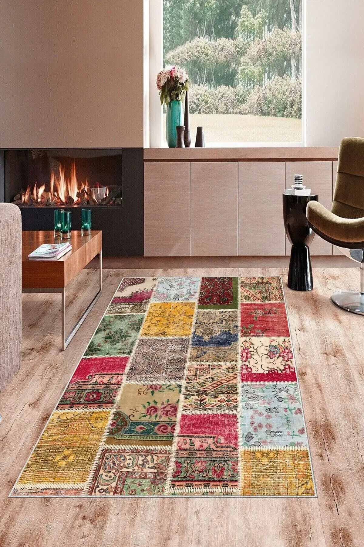 DOLBOVI Patchwork floral patterned washable non-slip base stain resistant Modern living room carpet and runner