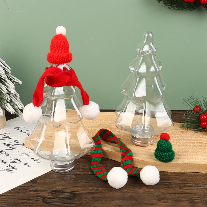 1Set 400ml Christmas Tree Tree Bottles with Lids Hat Scarf Clear Juice Plastic Reusable Xmas Beverage Container Party Decor