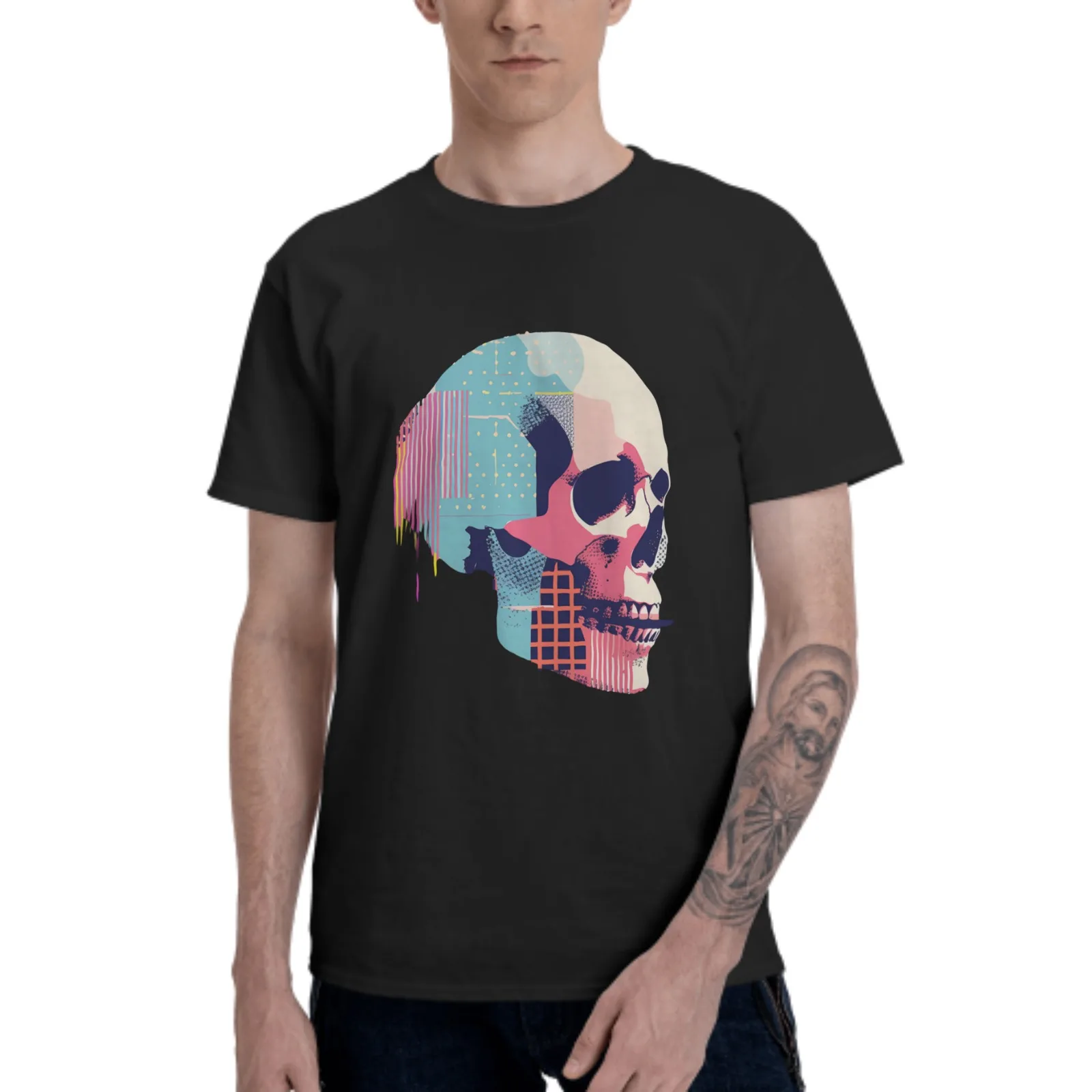 

Geometric Skull T-Shirt for Men Cotton 100% Women Summer Tops Fashion Casual Round Collar Short-Sleeve Couple Tees