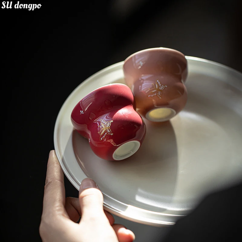 

Rouge Red Gourd Tea Cup Gold and Silver Mixed Dance Butterfly Ceramic Master Cup Chinese Kungfu Gourd Shape Teacup