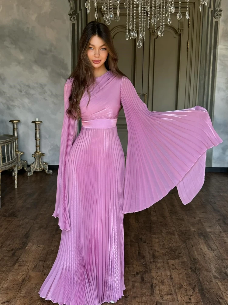 Sexy O Neck Batwing Sleeve Pleated Long Dress Women Rose Pink Long Sleeves Lace-up Floor-Length Dresses Evening Party Prom Gowns