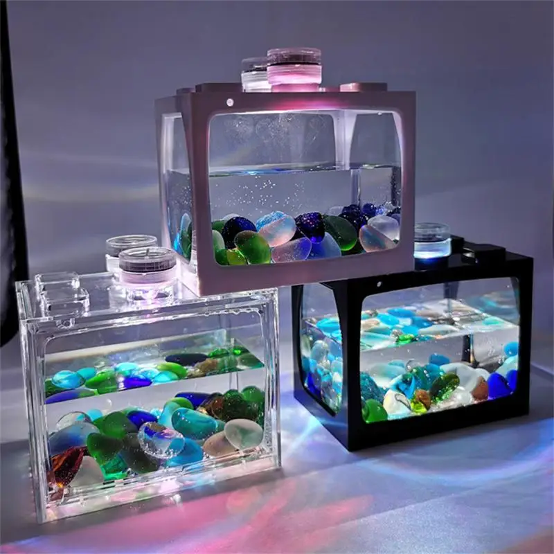 1PCS Aquarium Mini Fish Tank Reptile Pet LED Light Box Stackable Aquarium Cylinder Landscape Seawed For Home Office Decoration