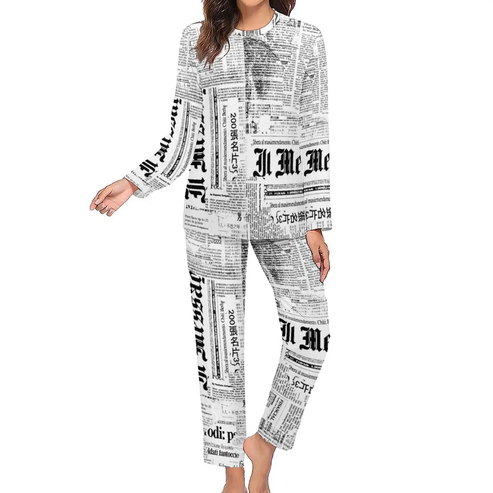 Newspaper Collage Pajamas Long Sleeve Texts And Headlines Two Piece Bedroom Pajama Set Nightwear Autumn Oversize Print Home Suit