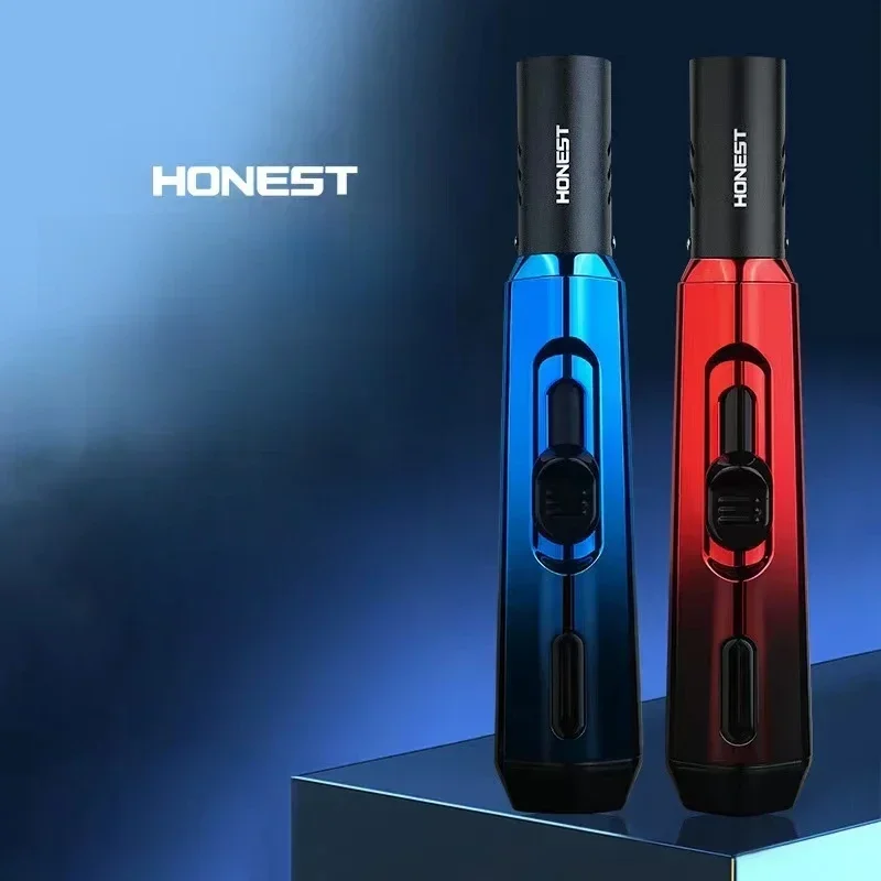 Nouveau briquet torche à gaz butane HONEST coupe-vent à flamme bleue, avec fenêtre de niveau de gaz visible, pour camping en extérieur, barbecue, cuisine, cigares, Smoki