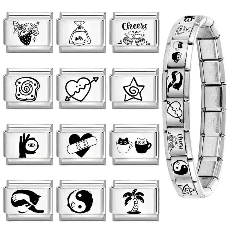 1pc Original Heart Hand Bread Cup Cat Fish Personality Italian Charm Links Fit 9mm Bracelet Stainless Steel Jewelry Making DIY gallery 1