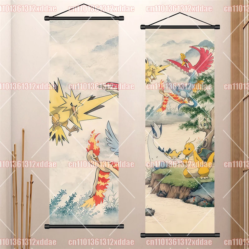 Pokémon Anime Poster Scroll Painting Pikachu Gengar Pikachu Dragonite Snorlax Zapdos Party Background Wall Hanging Painting Gift view 4