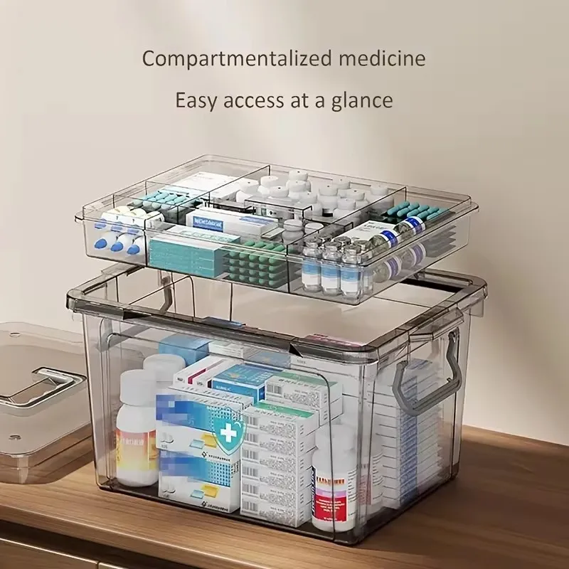 Transparent double-deck waterproof storage box with rectangular lid, durable PP plastic for emergency medications and first aid view 3