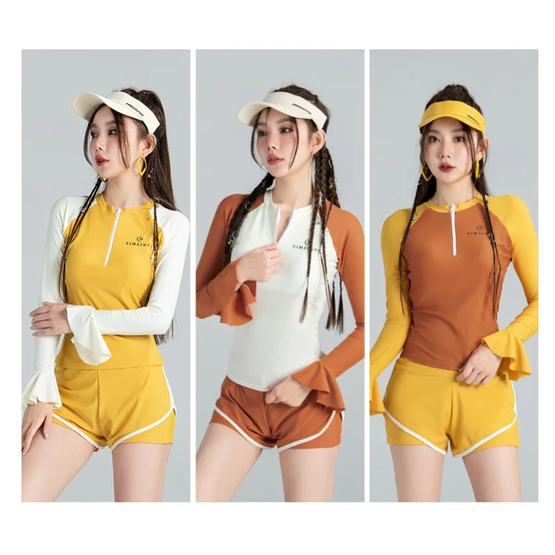 2024 Two Piece Rash Guard Women Long Sleeve Ruffle Cuffs UV Sun Protection Swimsuit Surfing Bathing Suit Body Suit Sports Wear