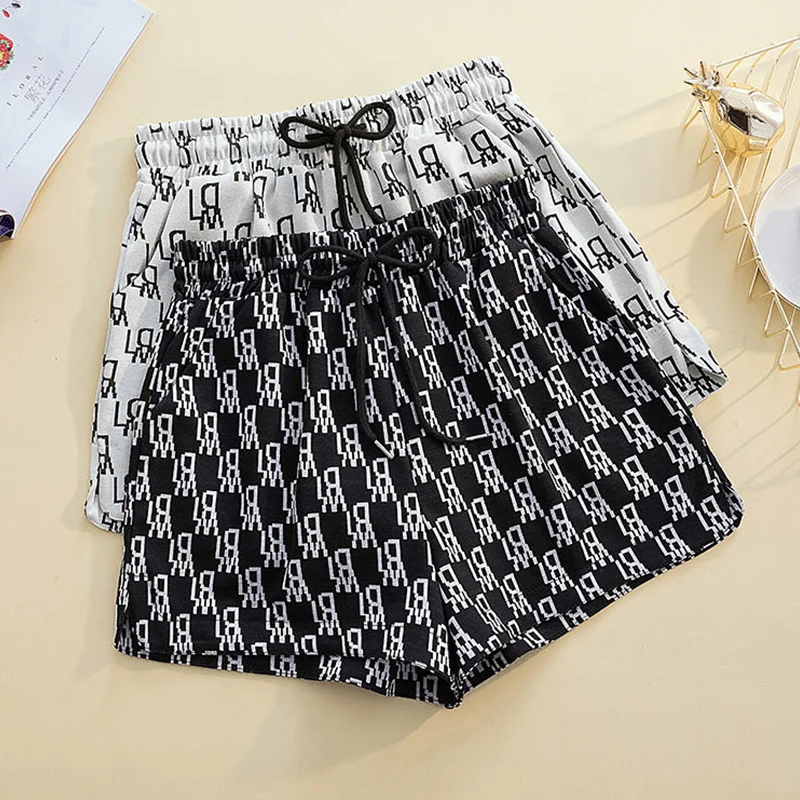 Nice Oversized Women Clothing Shorts Female Casual Korean Printing Letter Elastic Waist Wide Leg Pants Summer All-match Lacing P