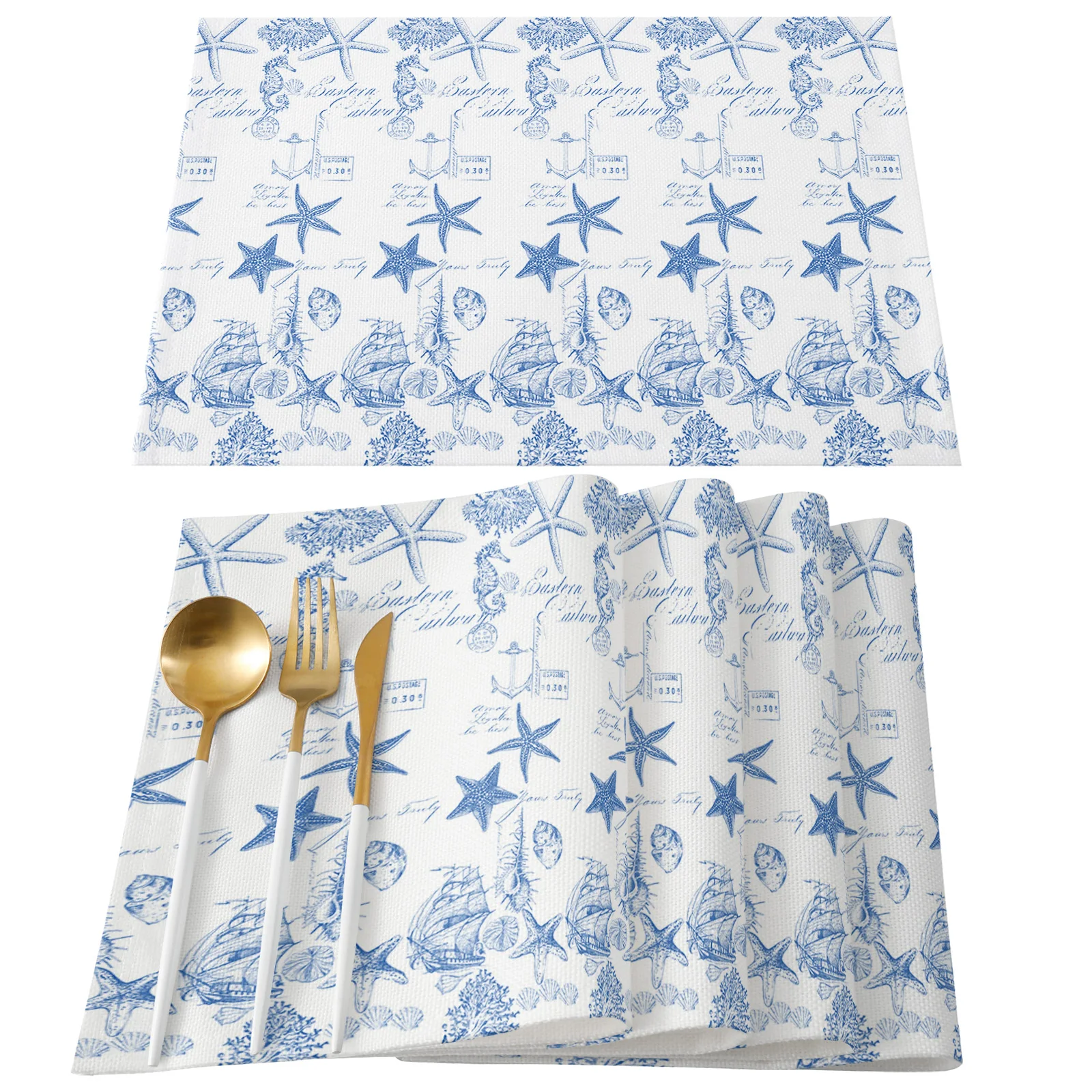 Blue Ocean Starfish Conch Seahorse Anchor Table Mat Wedding Holiday Party Dining Table Placemat Kitchen Accessories Table Napkin