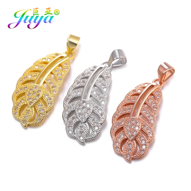 Juya 18K Gold Plated Zircon Paved Decorative Swan Feather Charms For DIY Women Fashion Gift Pendant Jewelry Making