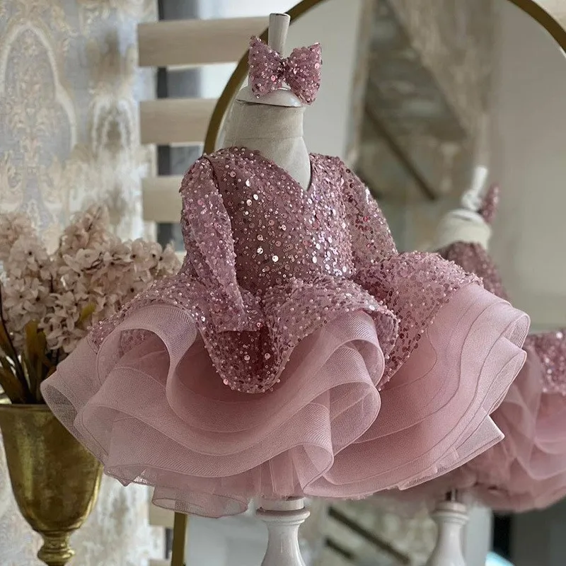 Baby Girl Princess Sequins Tutu Dress Long Sleeve Infant Toddler Child Bow Vestido Party Wedding Birthday Baby Clothes 1-12Y
