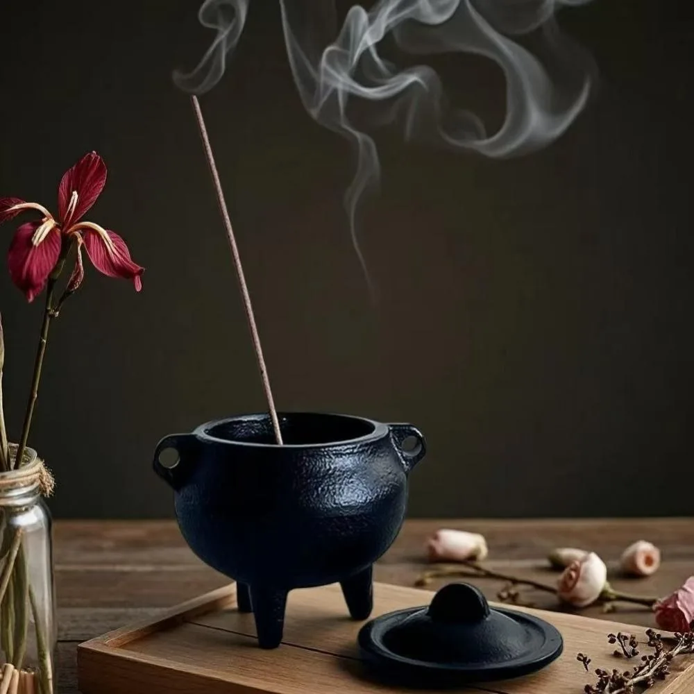 Cast Iron Incense Burner Removable Lid Side Ring Handles Cauldron Censer Vintage Style Stable Tripod Incense Stove Aromatherapy