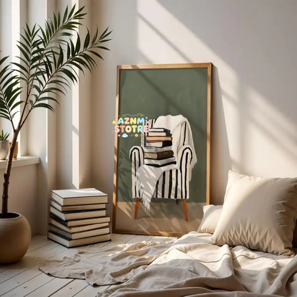 Cozy Reading Nook Wall Art Stack of Books on Chair Canvas Print Neutral Aesthetic Decor Book Lover Minimalist Literary Artwor