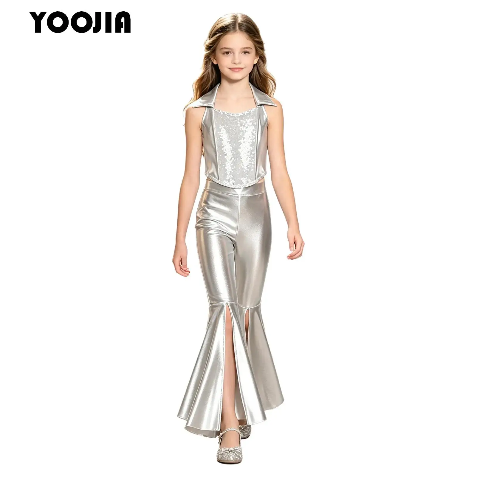 Metallic 70S Disco Vintage Hippie Costume Girls Hip-hop Jazz Dance Outfit Shiny Sequins Halter Crop Top with Bell-bottom Pants