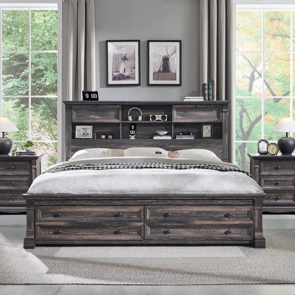 

Queen Size Bed Frame with 54 Tall Headboard, Headboard with 4 Storage Rack, 2 Drawers, 18 Roman Column Decoration Footboard, Wo