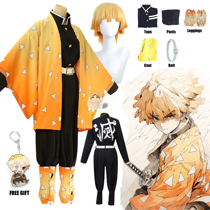 Agatsuma Zenitsu Costume Cosplay  Demon Moordenaar Cosplay Agatsuma Zenitsu Wig Uniform Anime Halloween Clothes for Comic Con