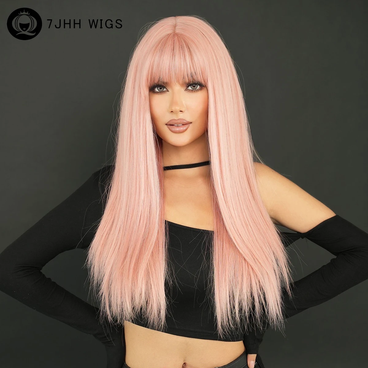 

7JHH WIGS Sakura Pink Hair Wigs with Neat Bangs High Density Synthetic Long Straight Pink Wig for Women Daily Party Lolita Wigs