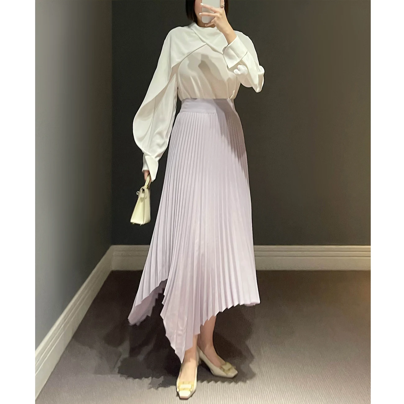 

Annmon Tee-acetate High-waisted Midi Skirt with Asymmetrical Pleated Design for Busin And Commute Pure Color A-line S...