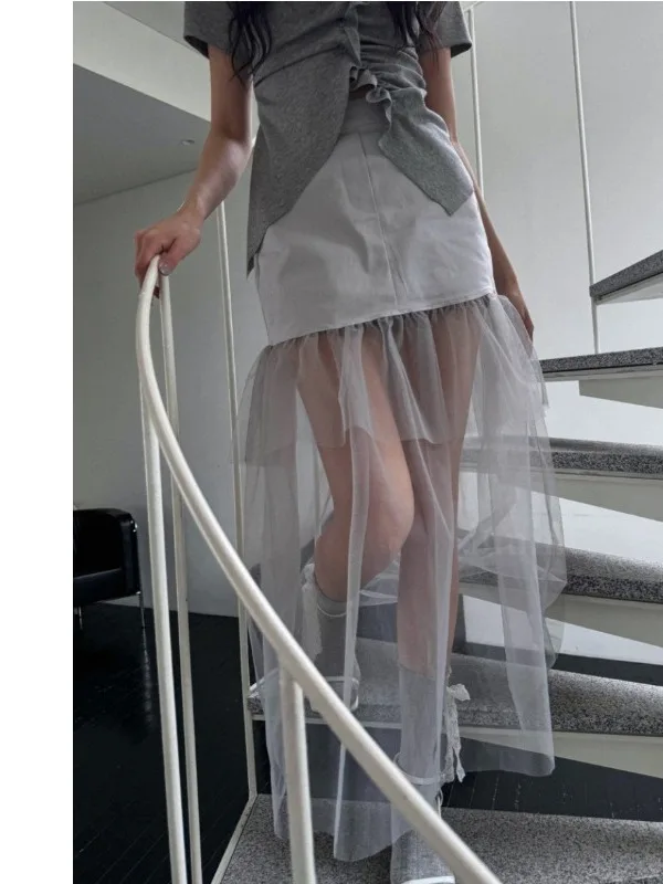 Chic Dreamy Fairy Tulle Splice Fake Two-Piece High Waist A-Line Skirt Women's High Waist A-Line Atmosphere Skirt Sweet Style