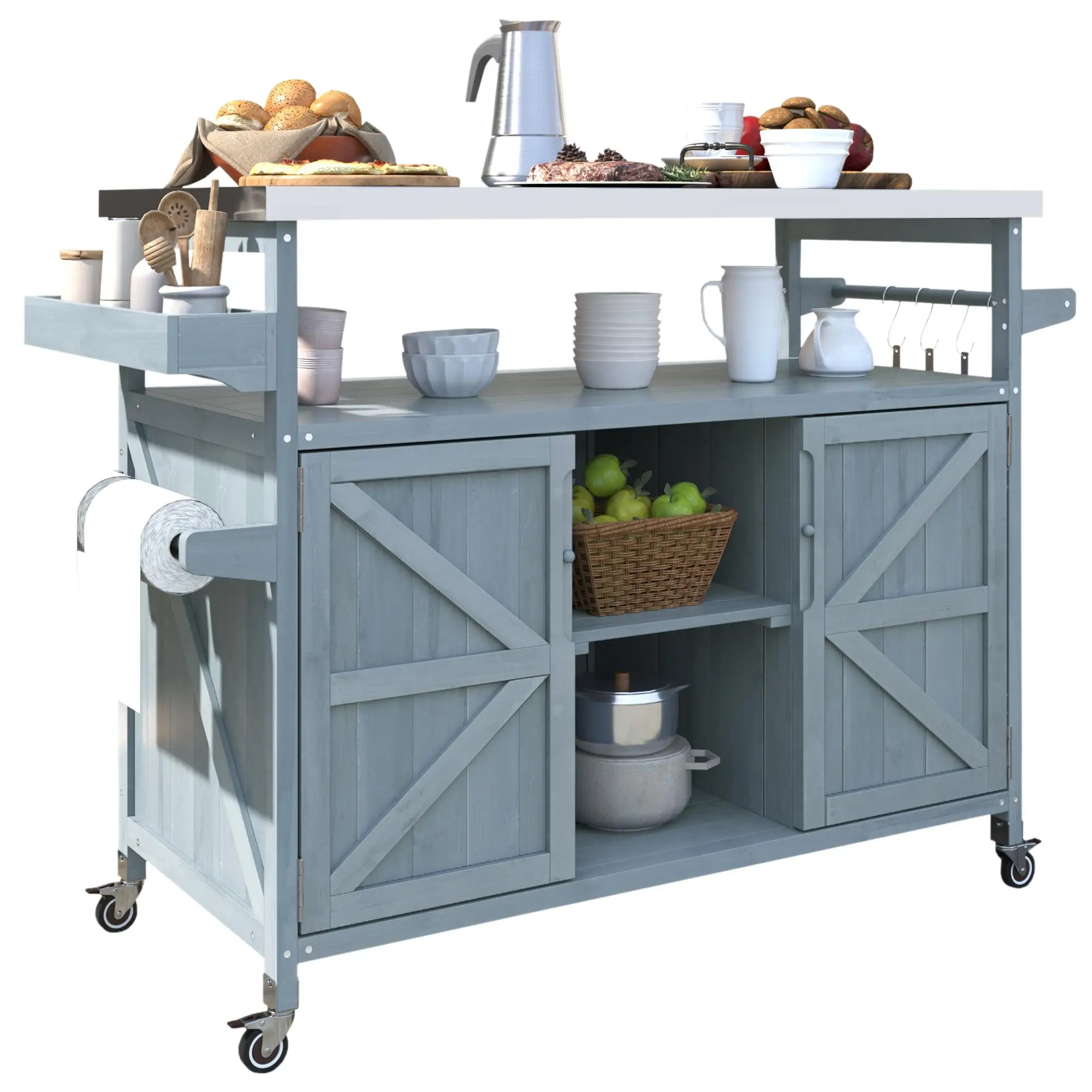 

Farmhouse Outdoor for kitchen Island with Rolling Bar Cart & Storage, Solid Wood BBQ Table & Stainless Steel Top, Grey Blue