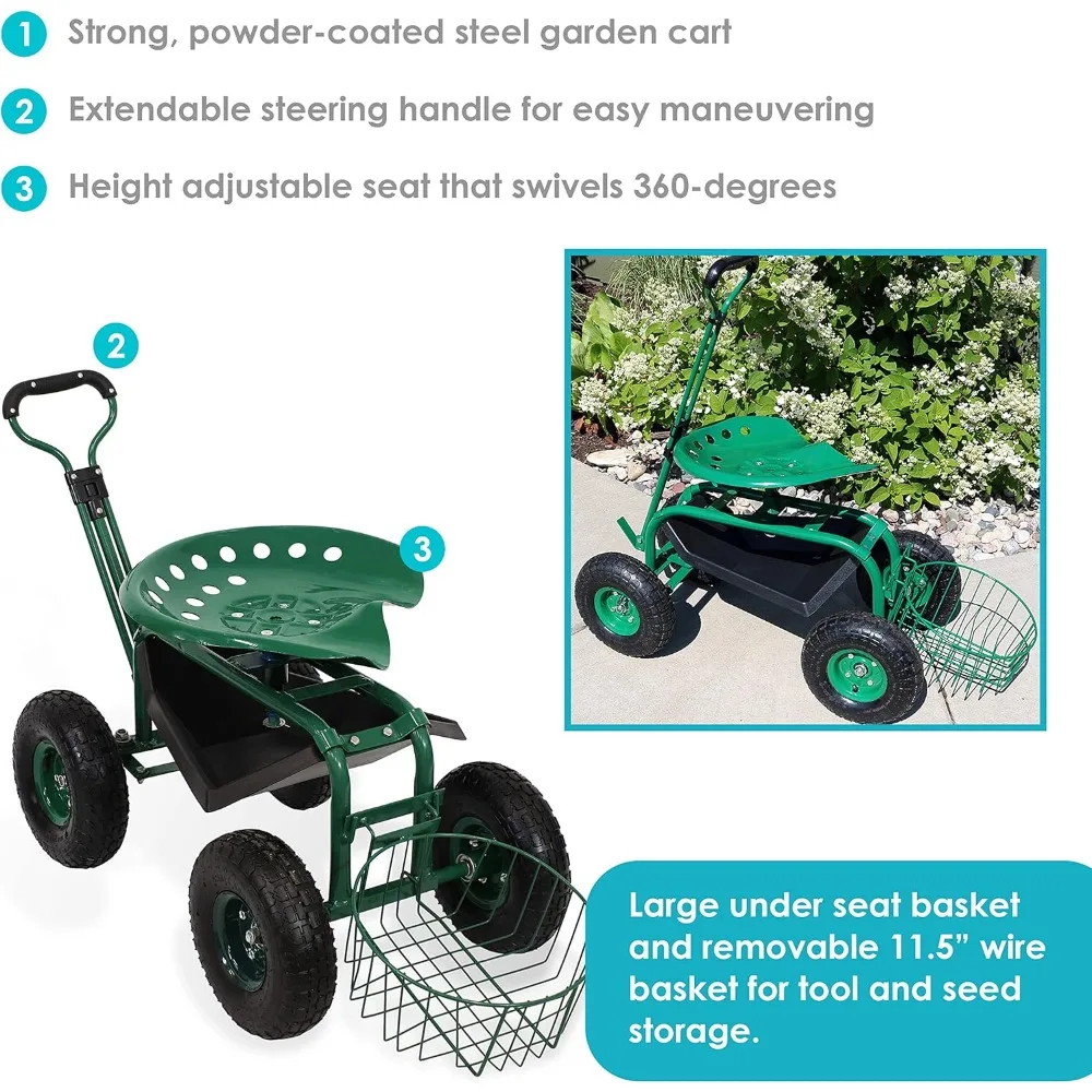 Garden Seat with Wheels - Rolling Garden Stool with Extendable Steer Handle, Swivel Seat and Utility Tool Tray - Green