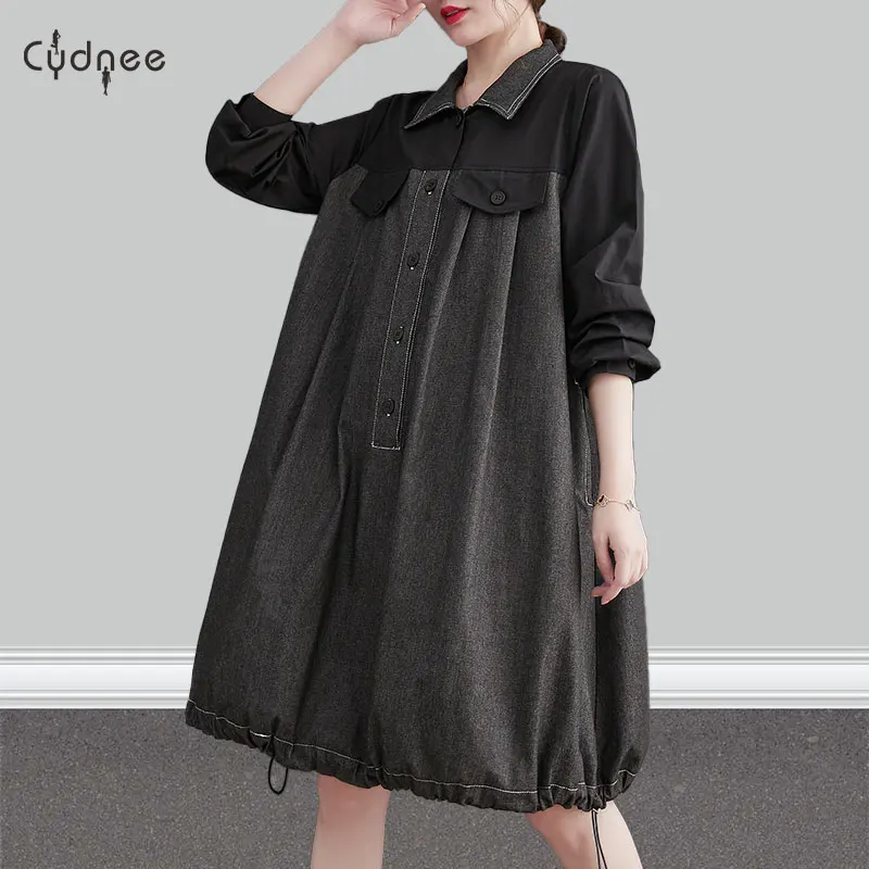 Women's Long Sleeve Denim Midi Shirt Dress Casual Tunic Dress Collared Blouse Dress