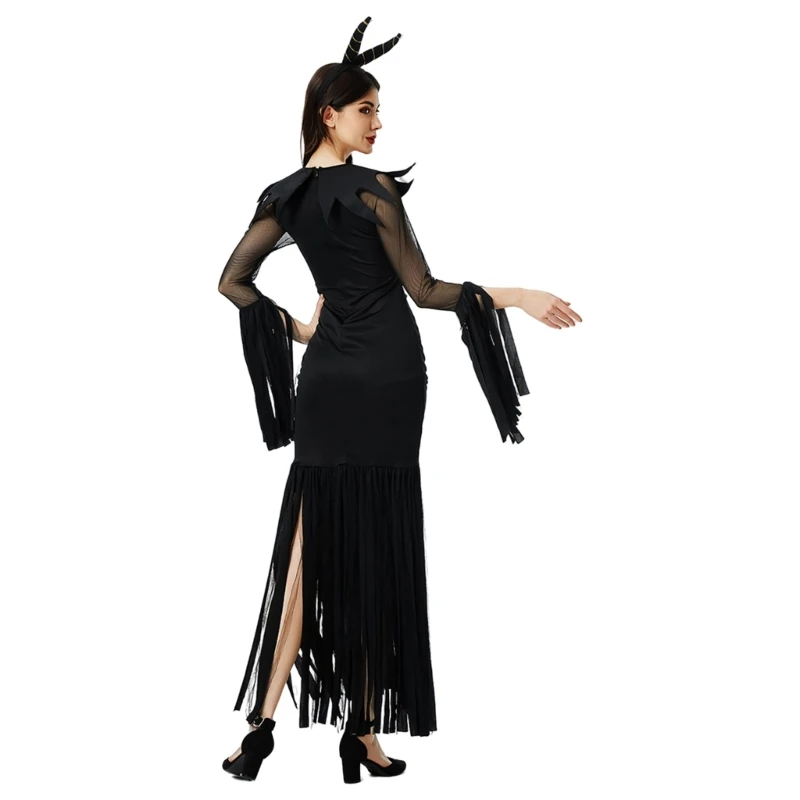 Vestido largo ajustado con abertura y pliegues Halloween para mujer con diadema cuerno N7YE