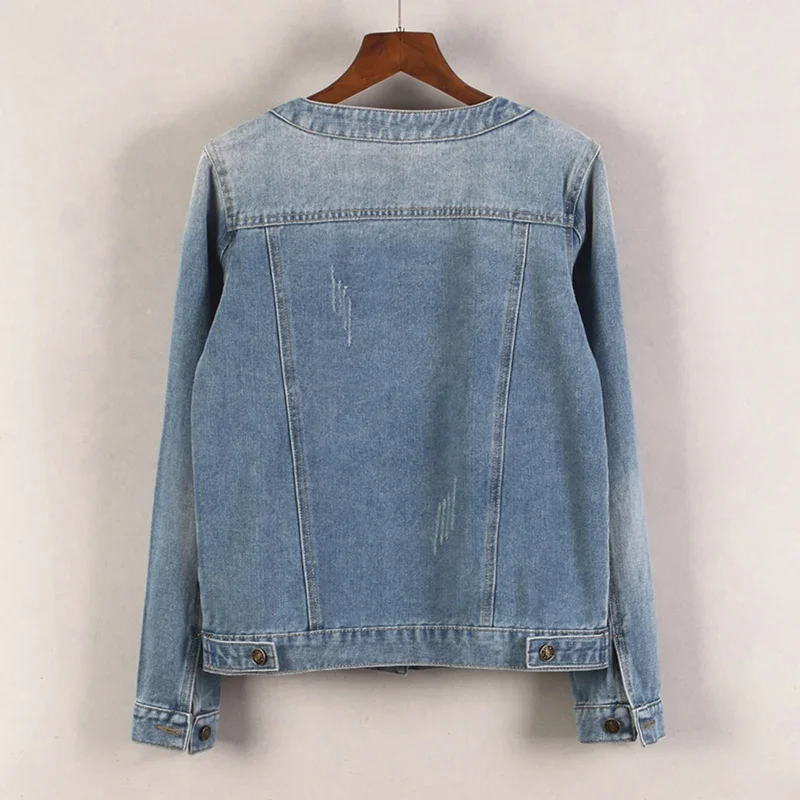 

Denim Jacket Women Spring Autumn Slim Short Vintage Blue Round Neck Single-Breasted Long Sleeve Solid Color Jeans Jacket Female