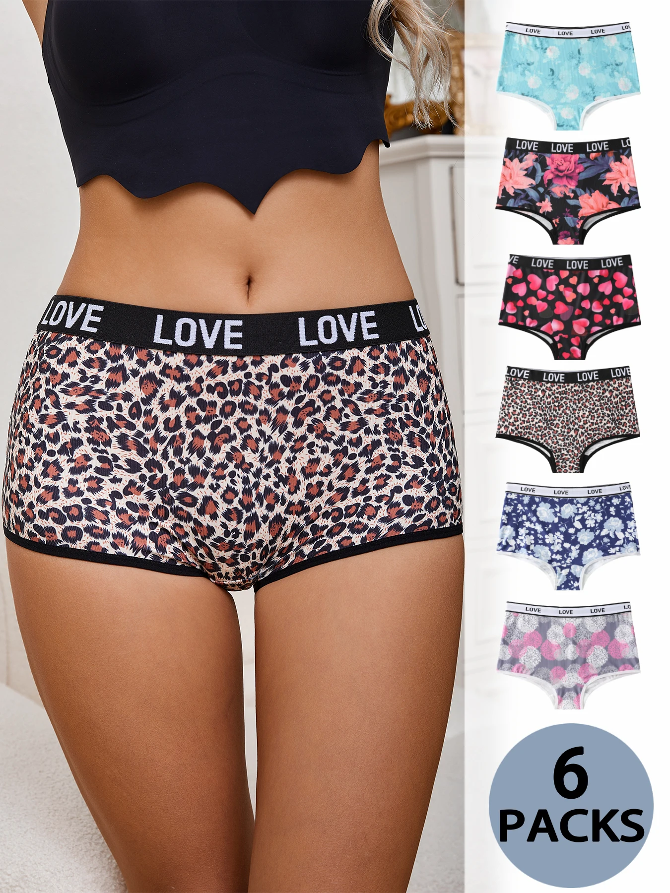 

6-pack threaded print, LOVE belt, comfortable women's boxers