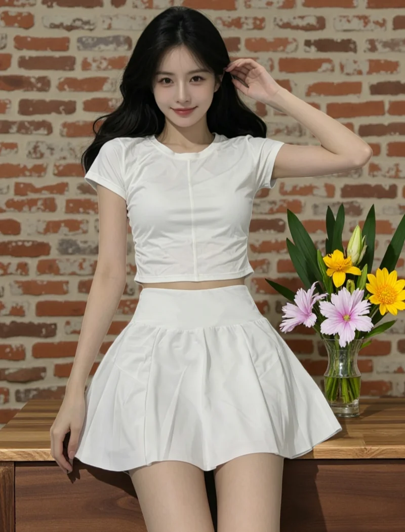 Women's Sport Yoga Running Outfit Quick Dry Short Sleeve High Waist Pleated Skirt Set Gentle Pure White Commute Two Piece Set