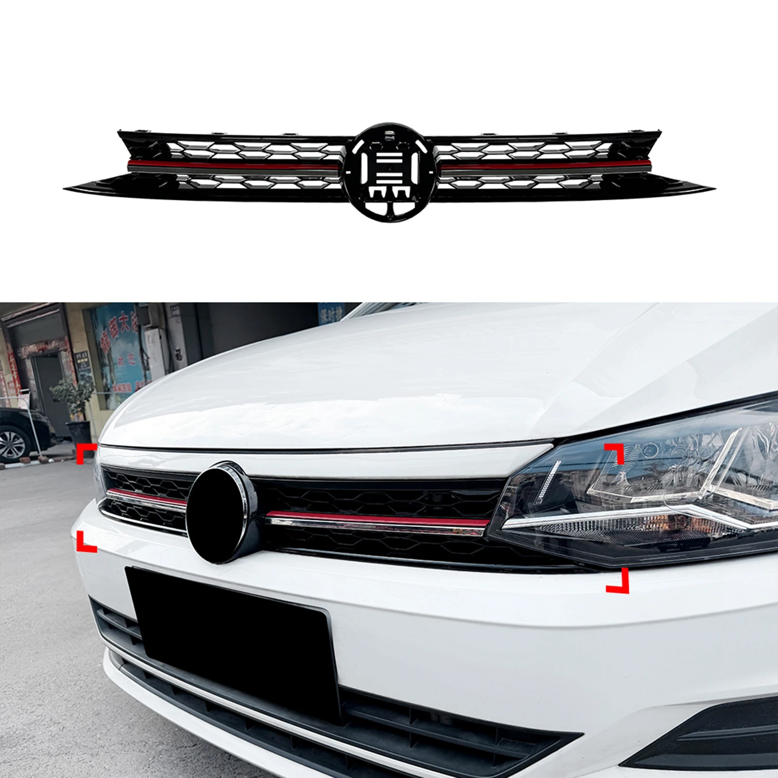 Front Grille Racing Grill Gloss Black Upper Bumper Hood Mesh For Volkswagen VW Polo GTI MK6 2018-2021