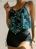 2025 nuevo traje de baño Sexy de cintura alta, Bikini de dos piezas con estampado de hojas, traje de baño ajustado con tirantes, ropa de playa, traje de baño de verano para mujer