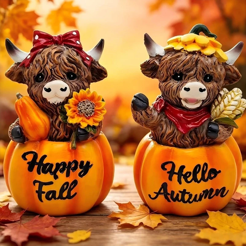 Creative Resin Highland Cow Pumpkin Ornament – Desktop Home Autumn Decor for Fall Display