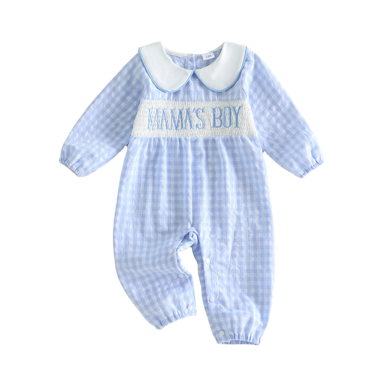 Baby Boy Plaid Romper Long Sleeve Letter Embroidery Bodysuit