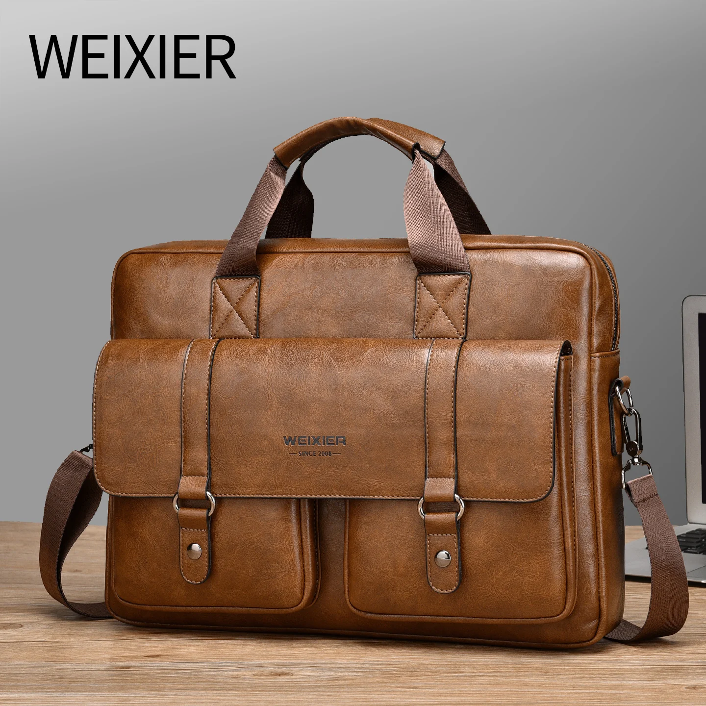 WEIXIER حقيبة أعمال رجالية بولي Leather جلد سعة كبيرة 15.6 بوصة حقيبة لابتوب عادية الرجال الكتف حقيبة كروسبودي الرجال حقيبة يد