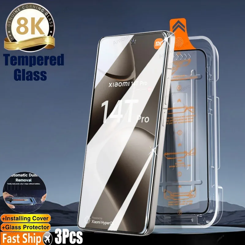 

3PCS 8K Oleophobic Coating Glass For Xiaomi MI 14T 13 12T Pro Screen Protector For MI 12T Pro 14 13 Dustproof Installation Box