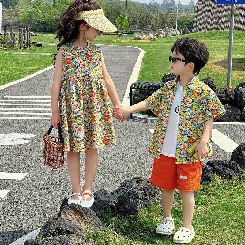 Brother Sister Holiday Matching Funny Outfit Vacation Child Girls Floral Dress Kid Boys Beach Shirts Sibling Baby Twins Clothes