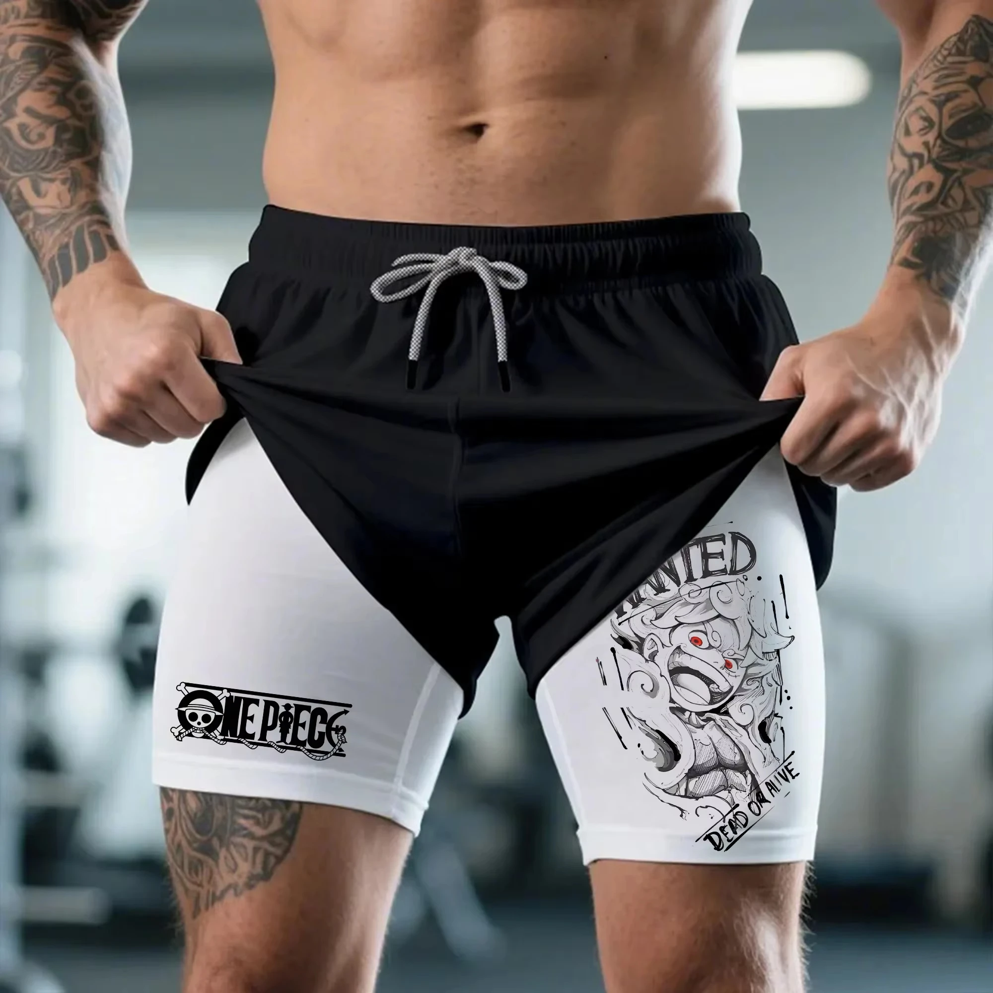 Bandai One Piece Luffy Printed Double-layer Shorts, Loose Men's and Women's Summer Sweat-wicking and Breathable Sports Shorts