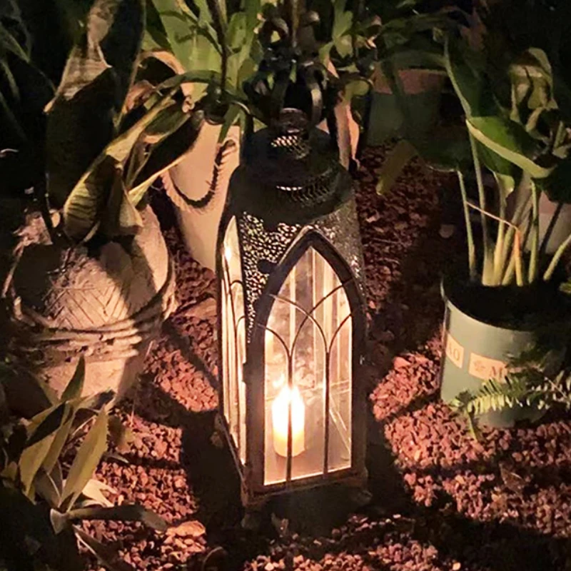 Retro Portable Courtyard Storm Lantern Outdoor Candle Holder Iron Large Floor Ornaments Garden Villa Decoration