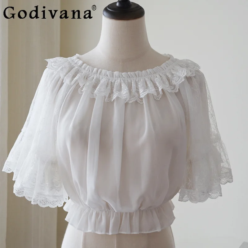 

Girly Off-Neck Ruffle Sleeve Lace Stitching Chiffon Blouses Women Japanese Original Lolita Bottoming Shirt Female Elegant Tops