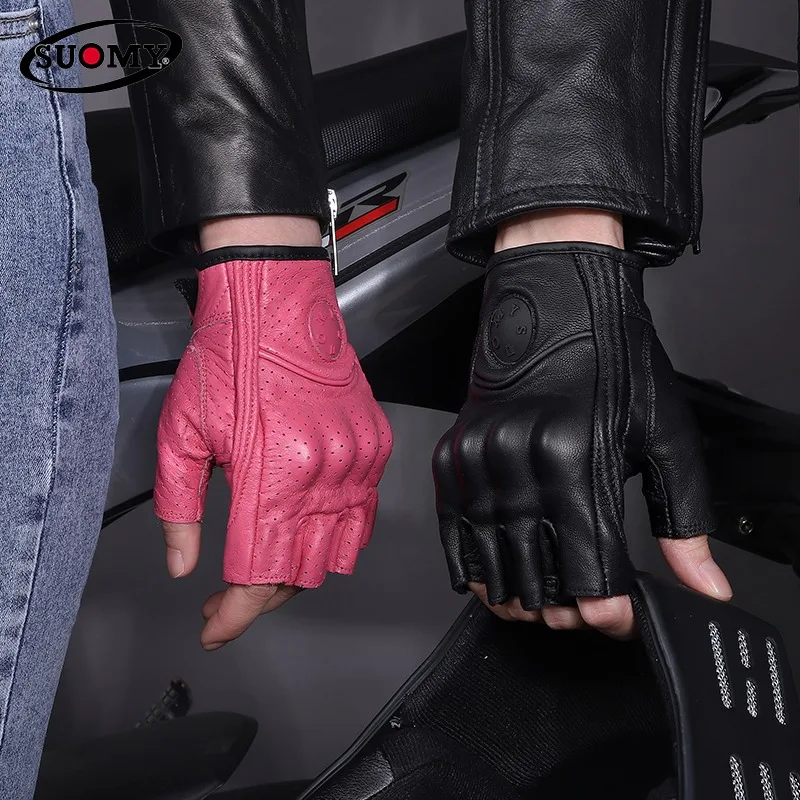 

Half Finger SUOMY Summer Vintage Genuine Leather Motorcycle Gloves Men Women Breathable Guantes Moto Motocross Glove